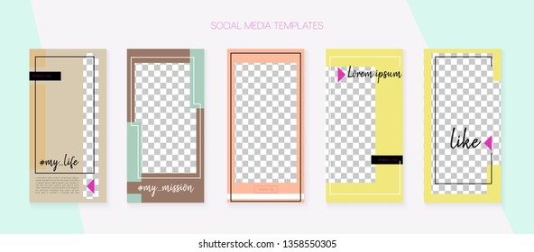 Editable Social Media Stories Template. Invitation Mobile Design Pack. Blogger Frame Vector Set. Simple App Kit, Brown Yellow Red Polygon Geometric Cover Patterns. Social Media Stories Simple Set