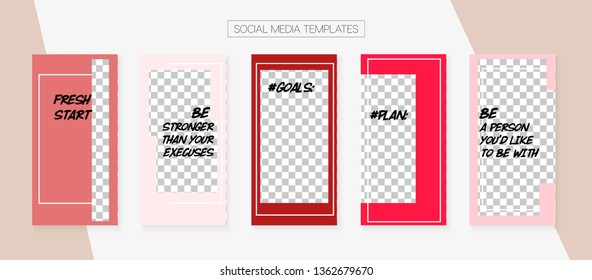 Editable Social Media Stories Template. Blogger Border Vector Set. Invitation Brand Design Pack. Minimal App Kit, Grey Pink White Abstract Geometric Cover Patterns. Social Media Stories Templates