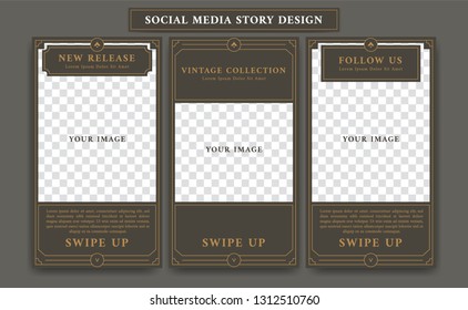 Editable Social media story design template in vintage artdeco retro frame style for new product promotion collage of product details and follow action with paragraph text