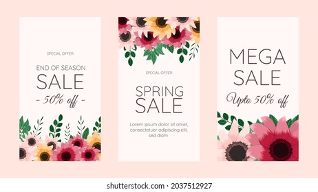 Editable social media story template design frame background in Cute soft flowers. Floral feminine theme fashion clothing, cosmetics, feminine perfume, beauty care product women hair care