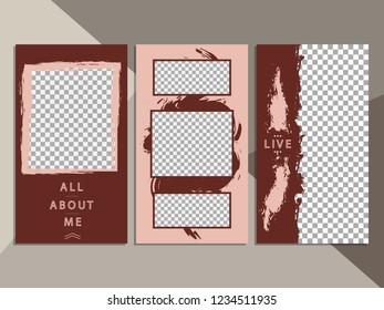 Editable social network stories template with grunge collection. Stylish fashion banners with transparent details. Personal style stories vector design