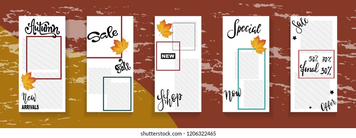 Editable social network story template. Autumn Sale. Trendy kit, social and fashion ads, promotion flyer backgrounds, vector design.