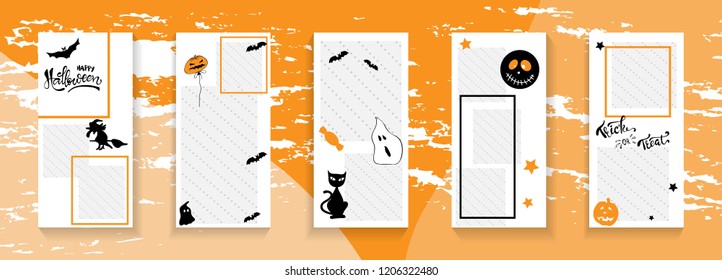 Editable social network story template. Halloween. Trendy kit, social and fashion ads, promotion flyer backgrounds, vector design.