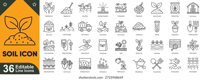 Editable soil line icons set. Agriculture, farming, ground and field symbols, clean outline vector collection.