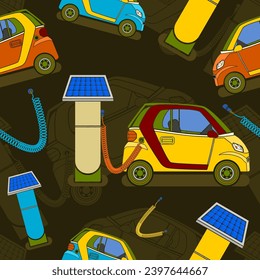 Editable Solar Energy Electric Car Charging Vector Illustration Seamless Pattern With Dark Background for Futuristic Eco-friendly Vehicle Industry and Green Life or Renewable Energy Campaign