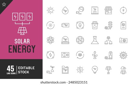 Conjunto de iconos de línea de energía solar editable. Ilustración vectorial: señales de tecnología energética casa, celda, batería.	
