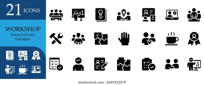 Editable solid icons for workshop, training, teamwork, business planning, coaching, communication, and productivity. Perfect for modern presentations.