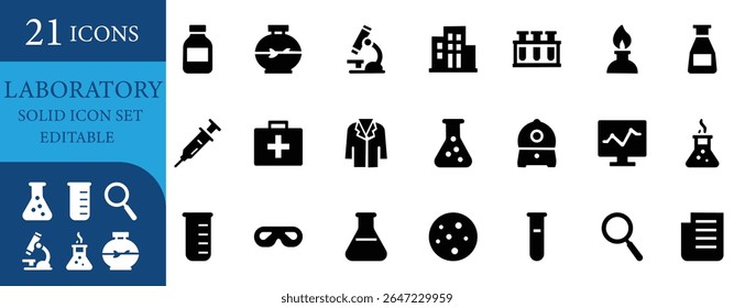 Conjunto de ícone de laboratório sólido editável com ferramentas de ciência, pesquisa, microscópio, copo, tubo de teste, saúde, química e inovação.