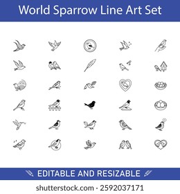 Editable Sparrow Line Art Set Birds, Nature, Flight, Love, Nest