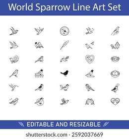 Editable Sparrow Line Art Set Birds, Nests, Feathers, Love