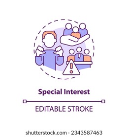 Editable special interest icon concept, isolated vector, lobbying government thin line illustration.