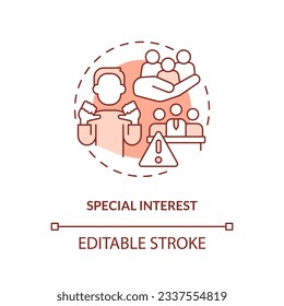 Editable special interest red icon concept, isolated vector, lobbying government thin line illustration.