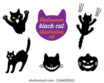 Editable spooky cute and fun halloween black cat hissing, intimidating, pumpkin, jack o'lantern and head vector illustration cartoon icon set for background