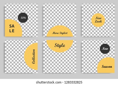 Editable square abstract circle geometric banner template for social media post. Golden yellow frame with black and white background. Minimal design background vector illustration