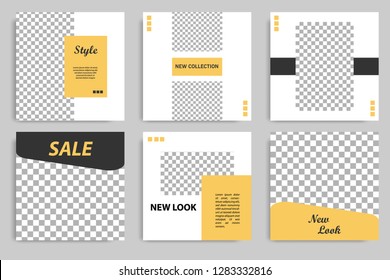 Editable square abstract geometric banner template for social media post. Golden yellow frame with black and white background. Minimal design background vector illustration