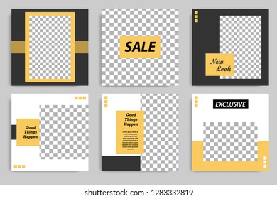 Editable square abstract geometric banner template for social media post. Golden yellow frame with black and white background. Minimal design background vector illustration