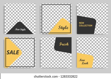 Editable square abstract geometric banner template for social media post. Golden yellow rounded shape with black and white background. Minimal design background vector illustration