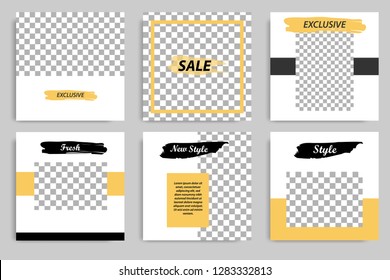 Editable square abstract vintage, rustic banner template for social media post. Golden yellow frame with black and white background. Minimal design background vector illustration
