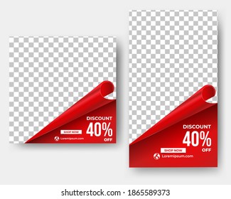 Editable square banner bundle template. Social media post frame template with realistic illustration folded paper. Flat design vector with photo collage. Perfect for social media feed and story promo.