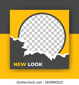 Editable square banner design. Black and yellow color with torn paper. Flat background design with rope paper and photo collage. Perfect for social media post, story and web internet ads.