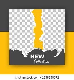 Editable square banner design. Black and yellow color with torn paper. Flat background design with rope paper and photo collage. Perfect for social media post, story and web internet ads.