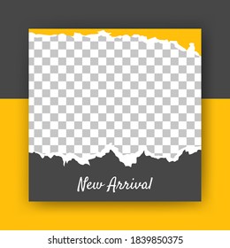 Editable square banner design. Black and yellow color with torn paper. Flat background design with rope paper and photo collage. Perfect for social media post, story and web internet ads.
