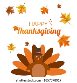 Editable square banner design. Happy thanksgiving with turkey and autumn leaf. Usable for social media, banner, and web.