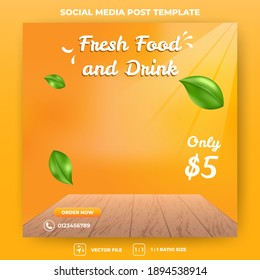 Editable square banner design. Orange background color with place for product. Leaves and sunlight illustration. Suitable for social media feed, banner, and web ads. Flat design vector with a photo collage.