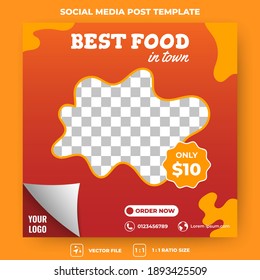 Editable square banner design. Red background with abstract yellow shape. Social media food banner design. Suitable for social media, flyer, and web ads. Flat design vector with a photo collage.