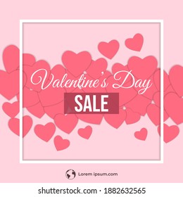 Editable square banner design. Valentine's day sale announcement banner. Pink heart with white frame illustration. Usable for social media feed, banner, and web internet ads. Flat design vector.