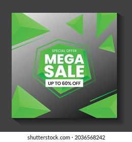 Editable square banner template with 3d triangle shapes. Fashion sale social media post design template in green color. Social media banner template can use for sale banner, photo, website.