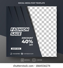 Editable square banner template. Black color background with stripped shadow illustration. Flat vector design with photo collage. Perfect for social media post, banner and web internet ads.