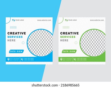 Editable square banner template. Blue and Green colour shape. Use for facebook and web ads.