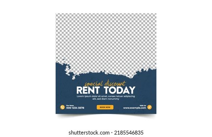 editable square banner template. Car rental banner with black, orange and blue color background. Flat design vector with photo collage. Usable for social media, story and web internet ads.