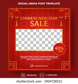 Editable square banner template. Chinese new year banner with a photo collage. Flat design vector. Suitable for social media, banner, and web internet ads.
