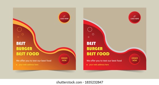 Editable square banner template design for food post. Suitable for Social Media Post restaurant and culinary digital Promotion. Red and Yellow background color shape vector.