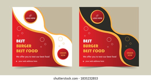 Editable square banner template design for food post. Suitable for Social Media Post restaurant and culinary digital Promotion. Red and Yellow background color shape vector.