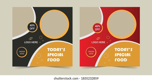 Diseño de plantilla de banner cuadrado editable para publicación de comida. Adecuado para el restaurante Social Media Post y promoción digital culinaria. Vector de forma de color de fondo rojo y amarillo.