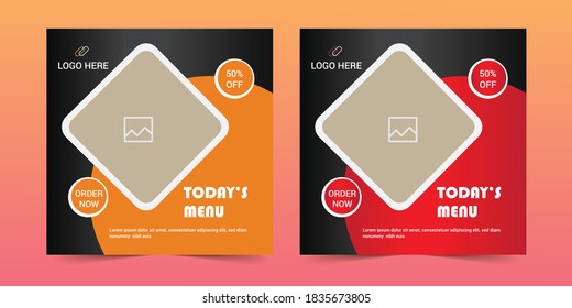 Editable square banner template design for food post. Suitable for Social Media Post restaurant and culinary digital Promotion. Red and Yellow background color shape vector.
