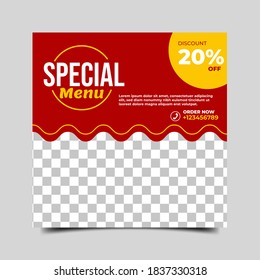 Editable square banner template design with food delivery theme. Flat design background vector isolated. Usable for social media restaurant, food store and culinary promotion.