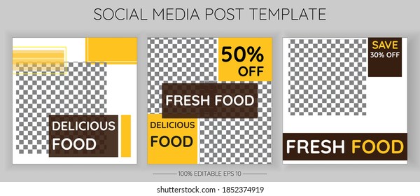 editable square banner template design bundle for food post on instagram. Suitable for Restaurant Social Media Posts and Digital Culinary Promotion. With a yellow, white and brown background color.