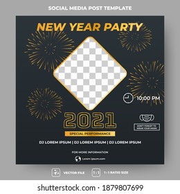 Editable square banner template design. New year party invitation banner with a black background. Usable for social media, banner, and web internet ads. Flat design vector with a photo collage.