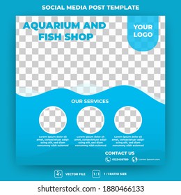 Diseño de plantilla de banner cuadrado editable. Banner de promoción de mensajes en redes sociales Aquarium con fondo de color azul. Vector de diseño plano con collage de fotos. Adecuado para medios sociales, banners y web