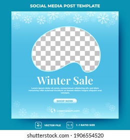 Editable square banner template design. Winter sale banner with snowflakes decoration. Flat design vector with a photo collage. Suitable for social media, banner, and web internet ads.