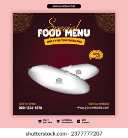 Editable square banner template design for fast food or pizza posts Suitable for social media post-restaurant and culinary digital promotion Colorful background and shape vector design.