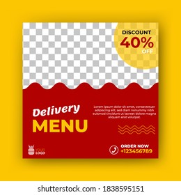 Editable square banner template. Flat design post template vector isolated on yellow background. Usable for social media restaurant, food and culinary promotion.