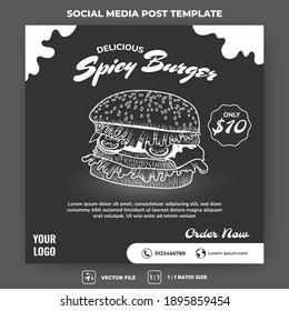 Plantilla de banner cuadrado editable. Diseño de banner de comida con ilustración de hamburguesa dibujada a mano. Usable para medios sociales, banner y anuncios de internet. Vector de diseño plano aislado.