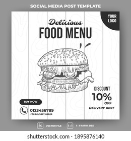 Plantilla de banner cuadrado editable. Diseño de banner de comida con ilustración de hamburguesa dibujada a mano. Usable para medios sociales, banner y anuncios de internet. Vector de diseño plano aislado.
