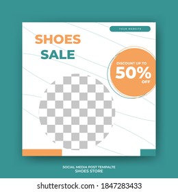 Editable square banner template with green and yellow shape and abstract line background. Shoes store square banner vector design. Usable for social media post, story and web internet ads.
