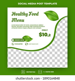 Editable square banner template. Healthy food social media post template with a decoration of realistic leaf illustration. Flat design vector with a photo collage. Usable for social media, and banner.